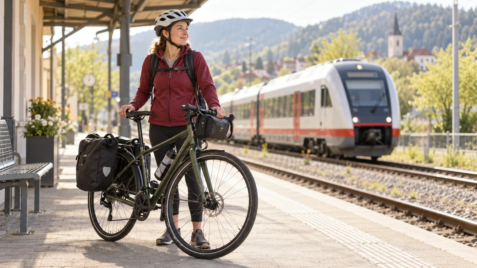 Cyklistka s přilbou drží jízdní kolo na nástupišti.