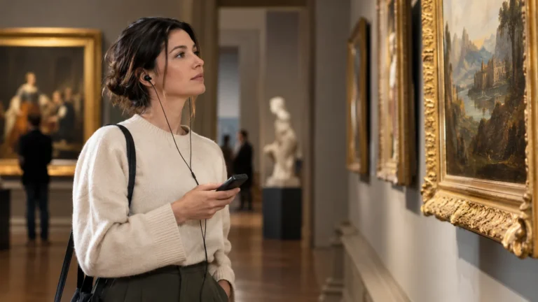 Návštěvnice galerie poslouchá průvodce přes sluchátka.