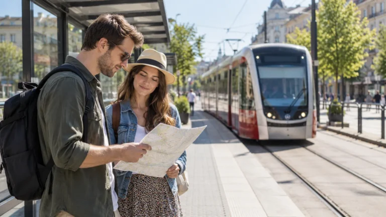 Dva cestující s mapou čekají u tramvajové zastávky.