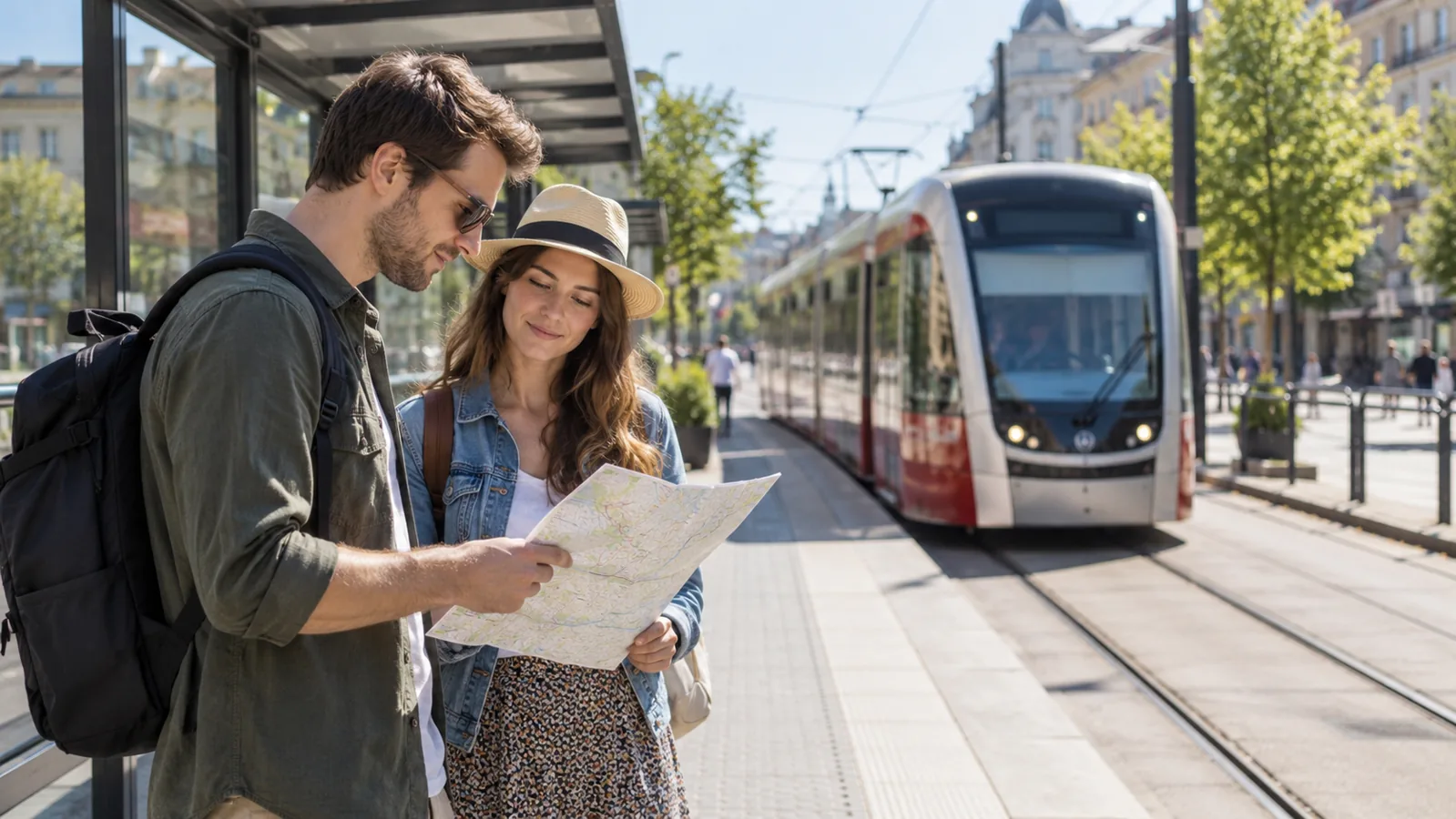 Dva cestující s mapou čekají u tramvajové zastávky.