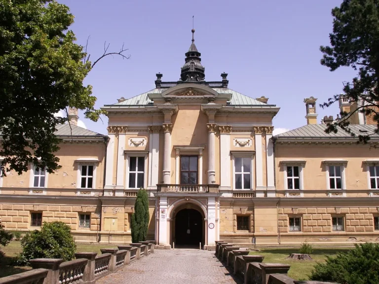Světlé žluté průčelí zámku Světlá nad Sázavou se vstupem a věžičkou mezi stromy