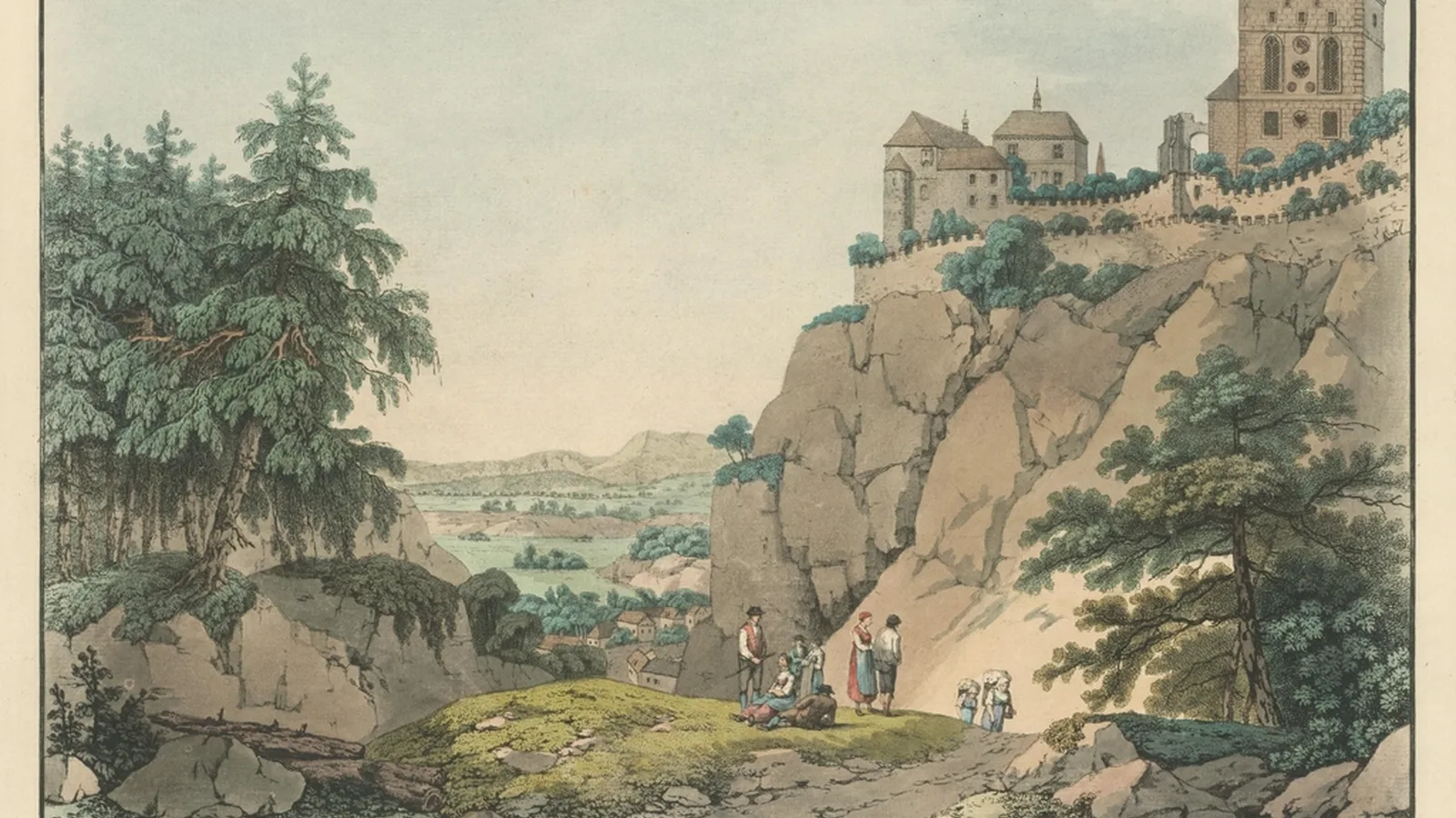 Hrad Karlštejn na skále nad údolím na historické malbě