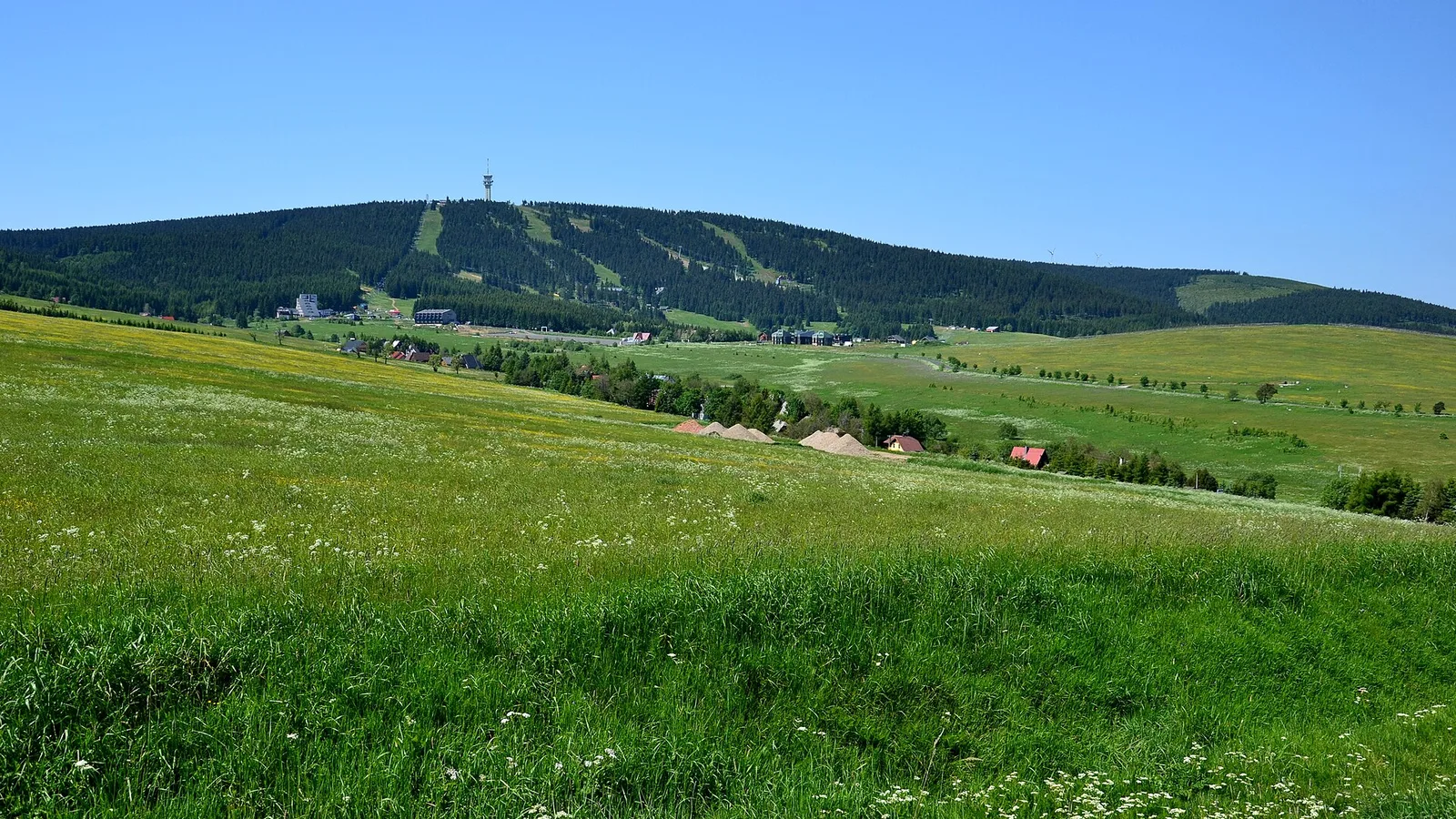 Klínovec s vysílačem nad loukami Krušných hor