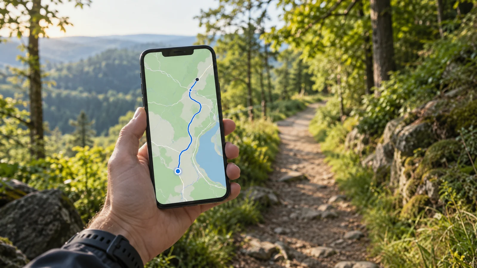 Ruka drží telefon s mapou u sluncem osvětlené lesní stezky.