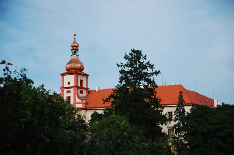 Věž a střechy zámku v Bělé pod Bezdězem nad okolní zelení