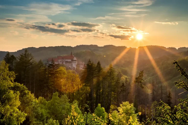 Hrad Pernštejn mezi stromy při zapadajícím slunci